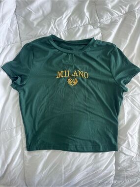SHEIN Green Crop Tee with Yellow Milano Embroidery